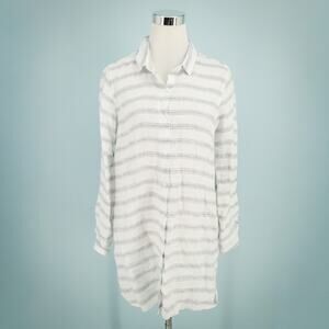 Garnet Hill Size Small S Easy Linen Tunic White Blue Stripe Collared Button Top